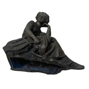 Cast Metal Art Nouveau Statue of Woman with A Lyre Metal Alloy Harp Collectible
